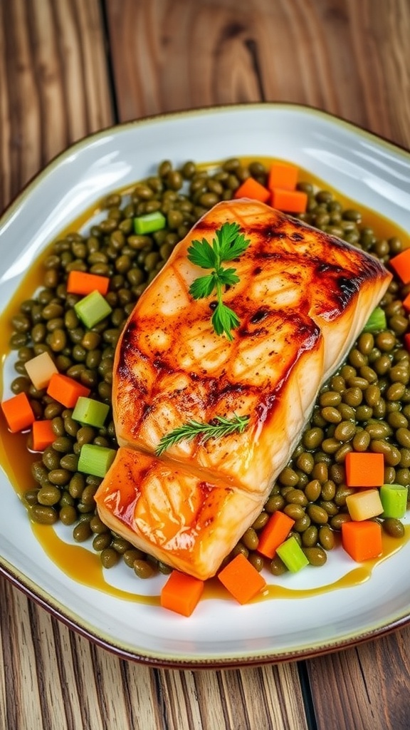 Pan-seared salmon on green lentils with garnish of carrots and herbs, beautifully plated on a rustic wooden table.